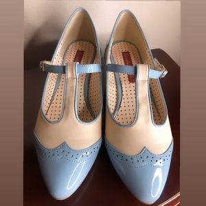 Classic Two-Tone T-Strap Heels in Cream and Light Blue